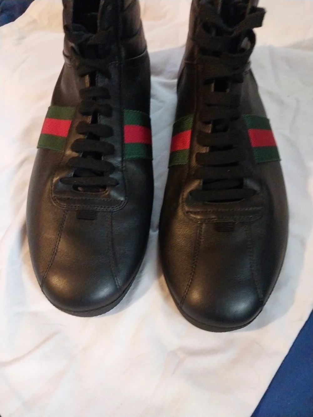 Gucci Black Leather High-Top Sneakers with Red & Green Web Stripe Size 12